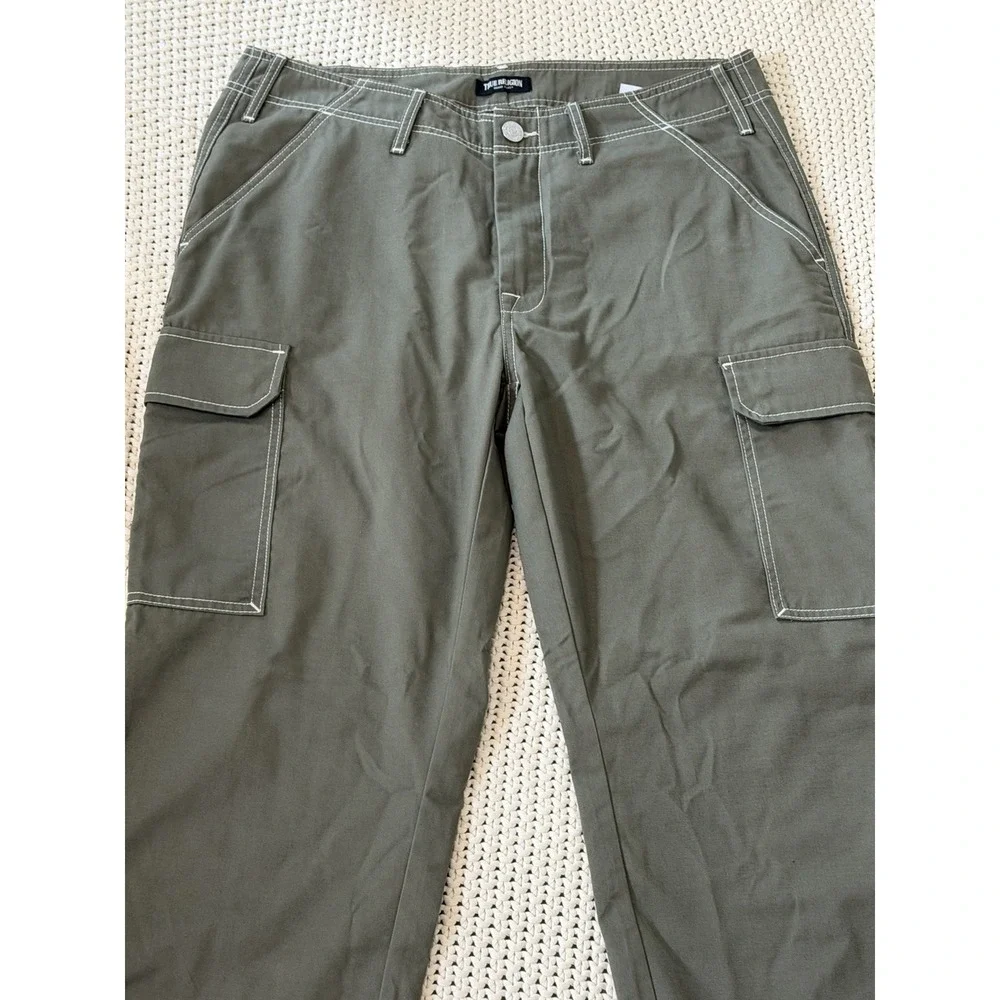 Men's True Religion Size 34 Olive Green Y2K Cargo Denim Wide Leg Gorpcore Jeans